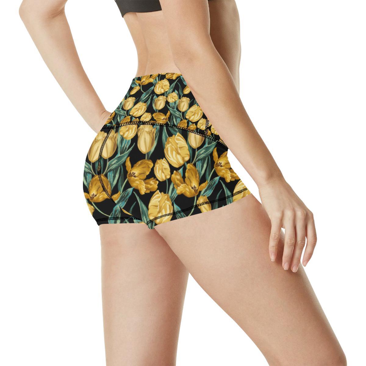 Elegant Yellow Tulip Print High Waisted Spandex Shorts-JTAMIGO.COM