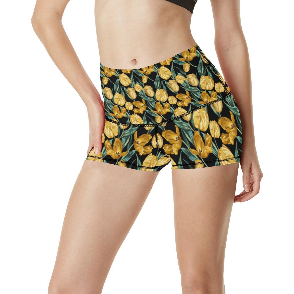 Elegant Yellow Tulip Print High Waisted Spandex Shorts-JTAMIGO.COM