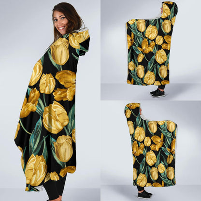 Elegant Yellow Tulip Print Hooded Blanket-JTAMIGO.COM