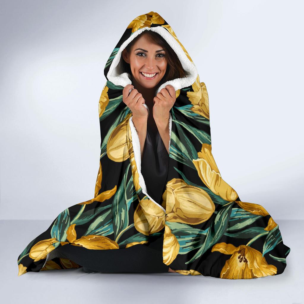 Elegant Yellow Tulip Print Hooded Blanket-JTAMIGO.COM