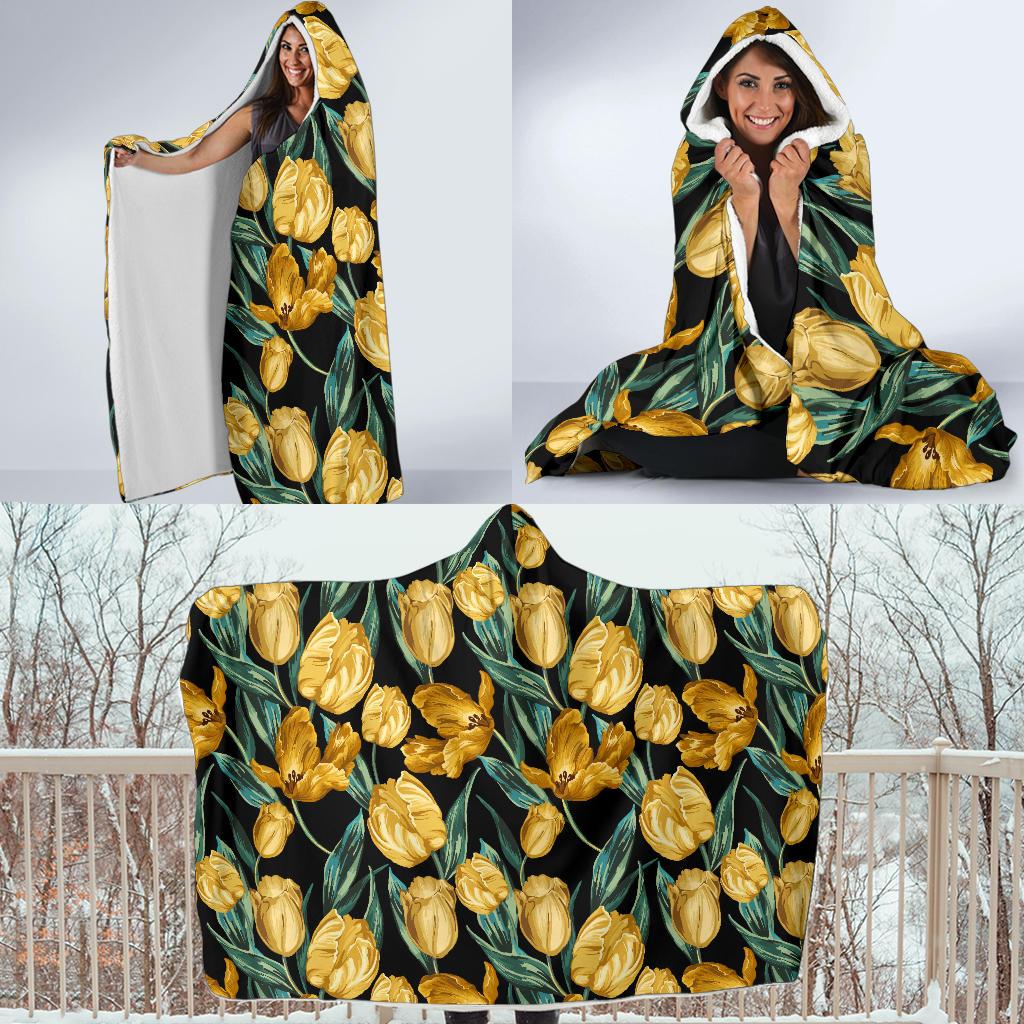 Elegant Yellow Tulip Print Hooded Blanket-JTAMIGO.COM