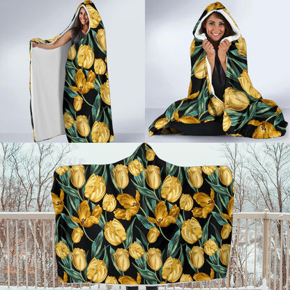 Elegant Yellow Tulip Print Hooded Blanket-JTAMIGO.COM
