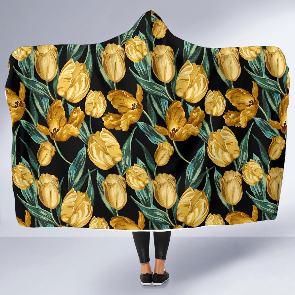 Elegant Yellow Tulip Print Hooded Blanket-JTAMIGO.COM