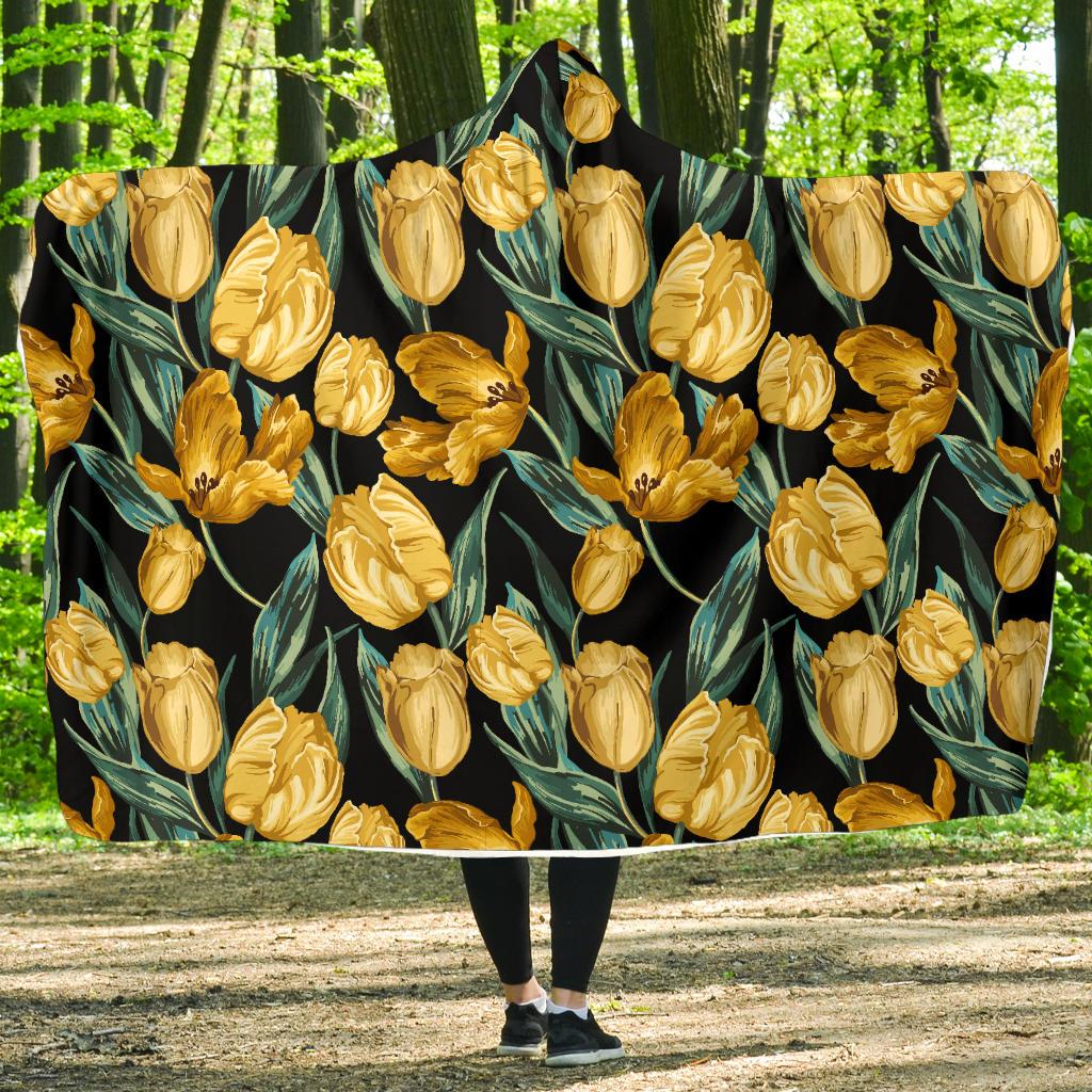 Elegant Yellow Tulip Print Hooded Blanket-JTAMIGO.COM
