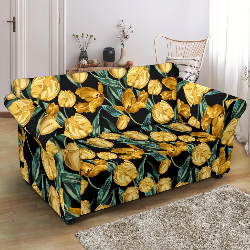 Elegant Yellow Tulip Print Loveseat Slipcover-JTAMIGO.COM