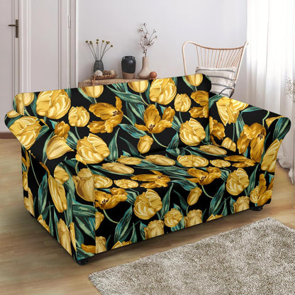 Elegant Yellow Tulip Print Loveseat Slipcover-JTAMIGO.COM