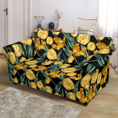 Elegant Yellow Tulip Print Loveseat Slipcover-JTAMIGO.COM