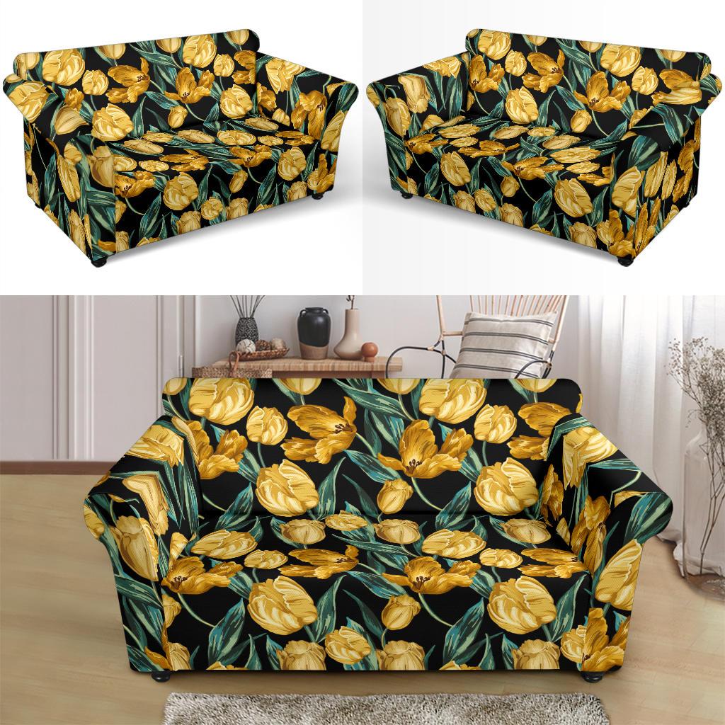 Elegant Yellow Tulip Print Loveseat Slipcover-JTAMIGO.COM
