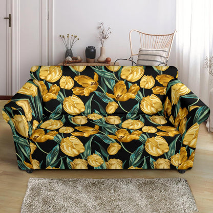 Elegant Yellow Tulip Print Loveseat Slipcover-JTAMIGO.COM
