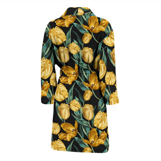 Elegant Yellow Tulip Print Men Bath Robe-JTAMIGO.COM