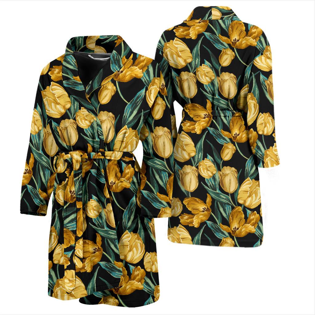 Elegant Yellow Tulip Print Men Bath Robe-JTAMIGO.COM