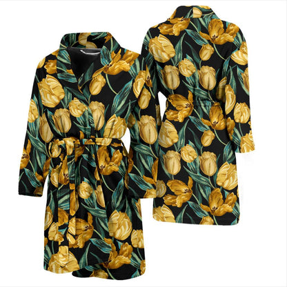 Elegant Yellow Tulip Print Men Bath Robe-JTAMIGO.COM