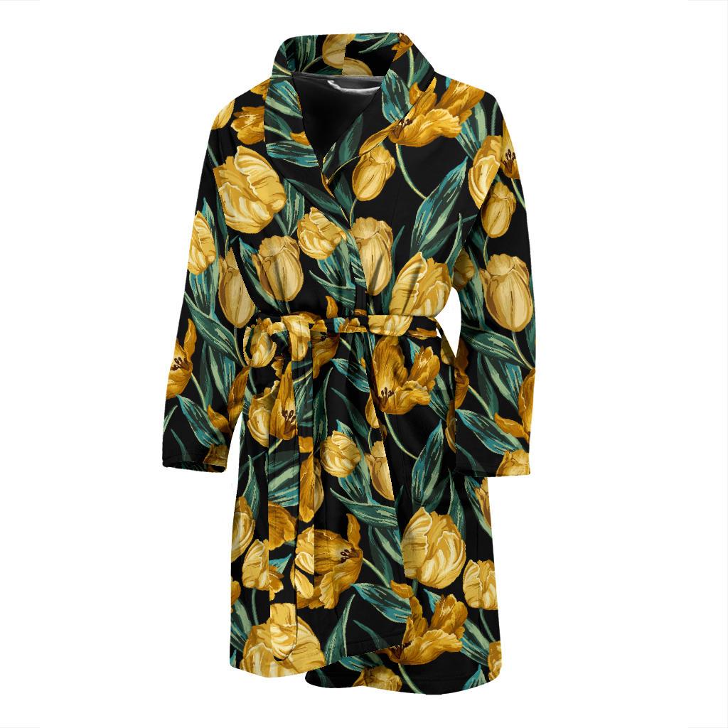 Elegant Yellow Tulip Print Men Bath Robe-JTAMIGO.COM