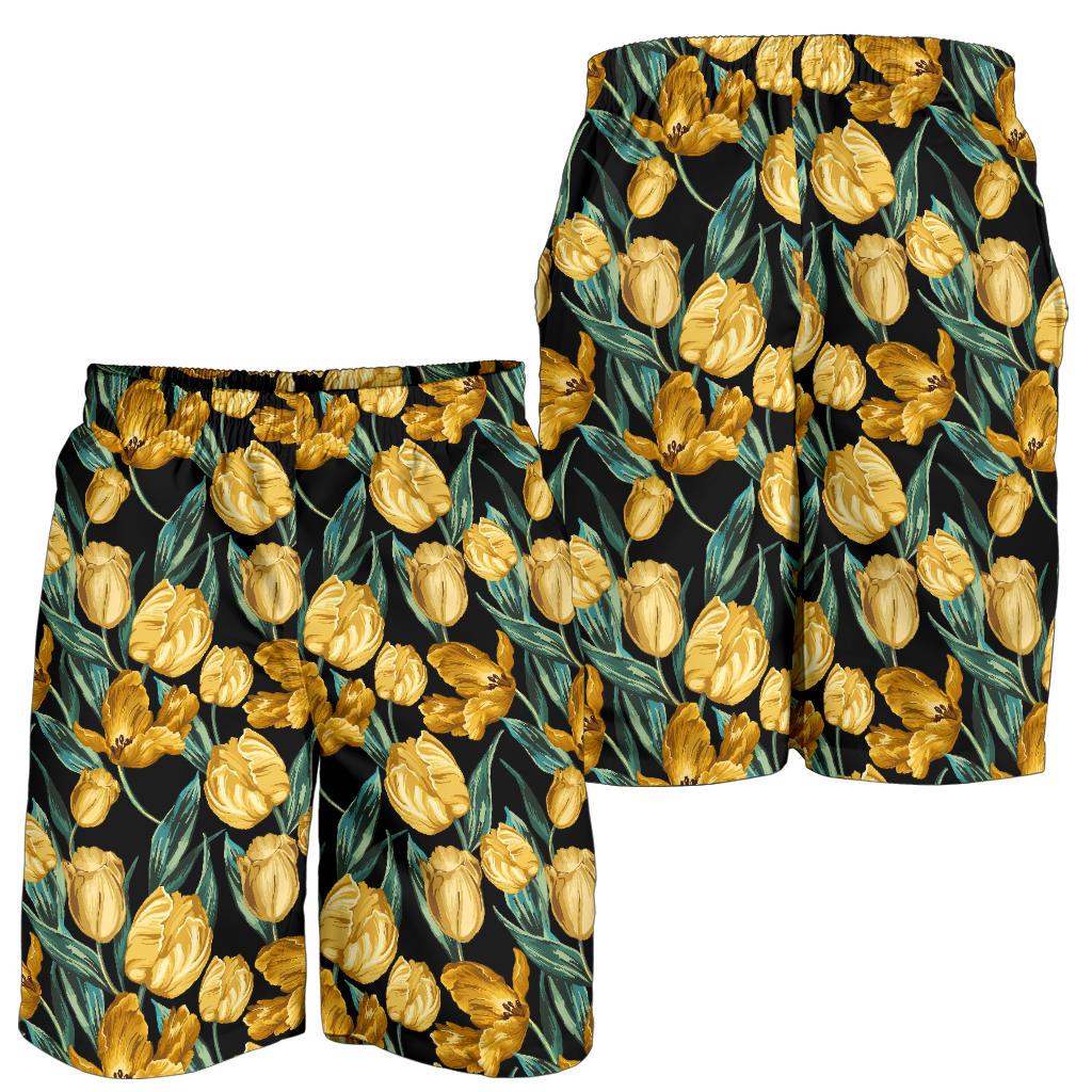 Elegant Yellow Tulip Print Mens Shorts-JTAMIGO.COM