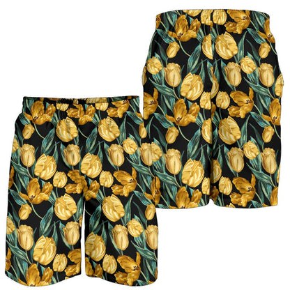 Elegant Yellow Tulip Print Mens Shorts-JTAMIGO.COM