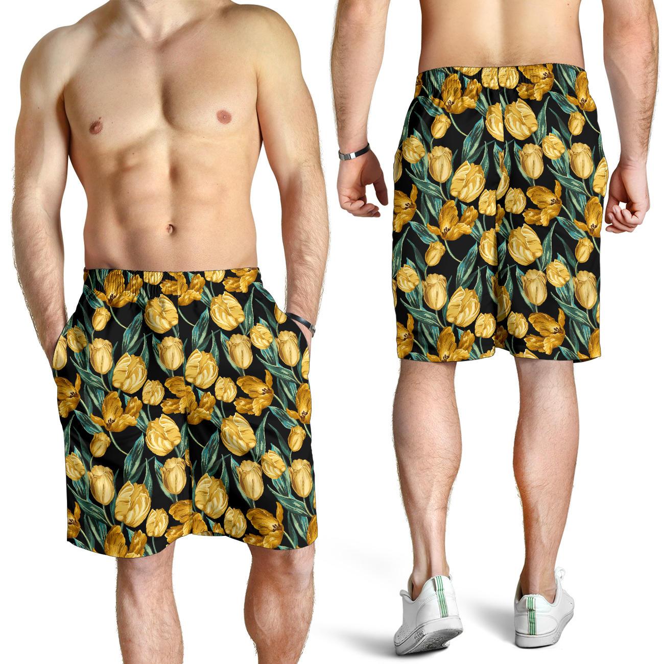 Elegant Yellow Tulip Print Mens Shorts-JTAMIGO.COM
