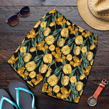 Elegant Yellow Tulip Print Mens Shorts-JTAMIGO.COM