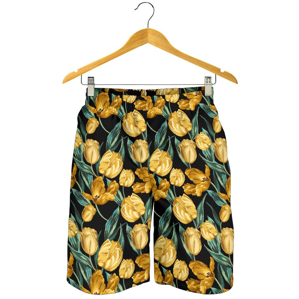 Elegant Yellow Tulip Print Mens Shorts-JTAMIGO.COM