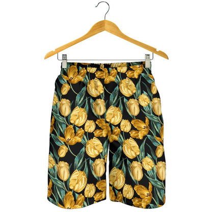 Elegant Yellow Tulip Print Mens Shorts-JTAMIGO.COM