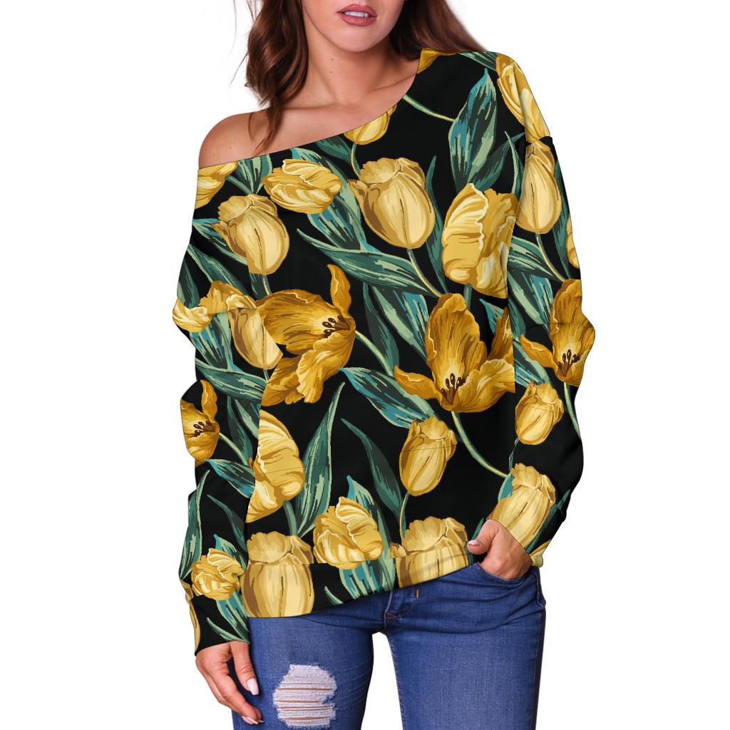 Elegant Yellow Tulip Print Off Shoulder Sweatshirt