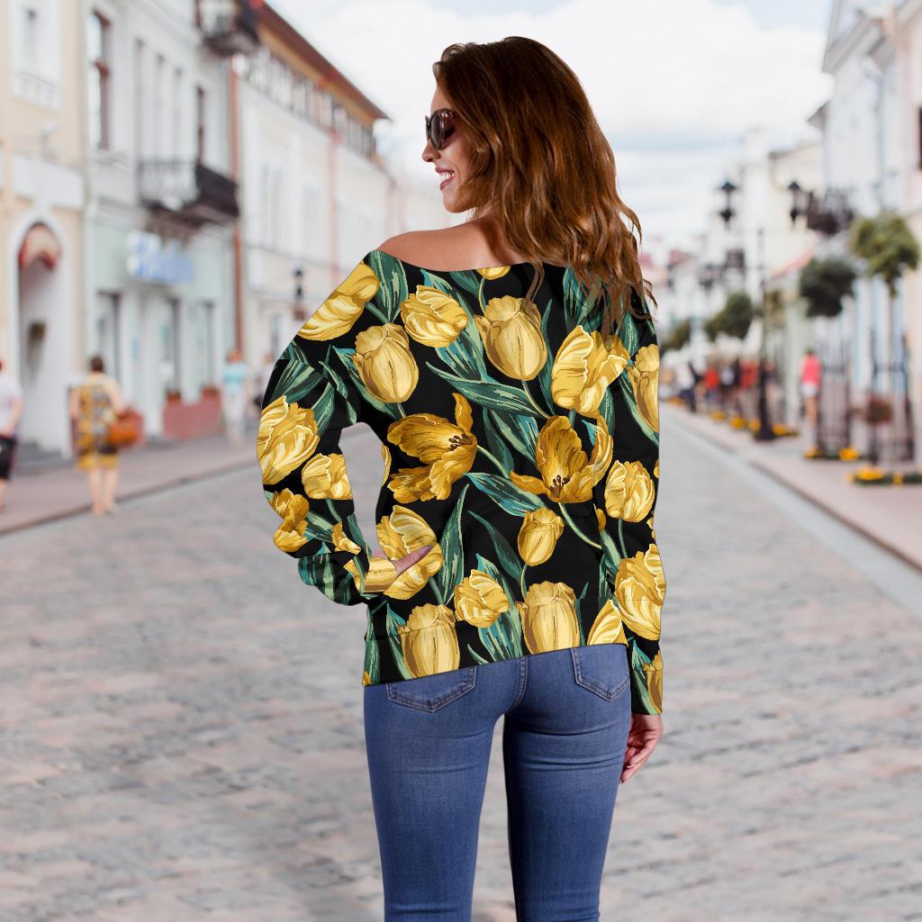 Elegant Yellow Tulip Print Off Shoulder Sweatshirt