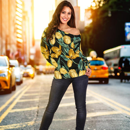 Elegant Yellow Tulip Print Off Shoulder Sweatshirt