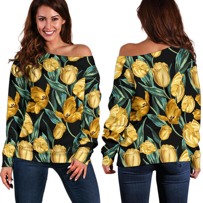 Elegant Yellow Tulip Print Off Shoulder Sweatshirt