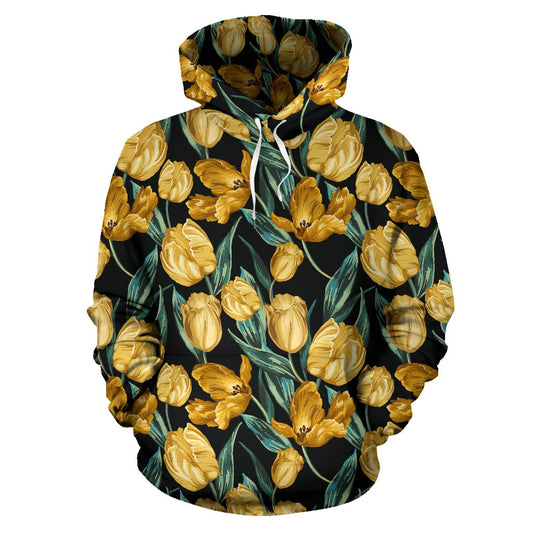 Elegant Yellow Tulip Print Pullover Hoodie