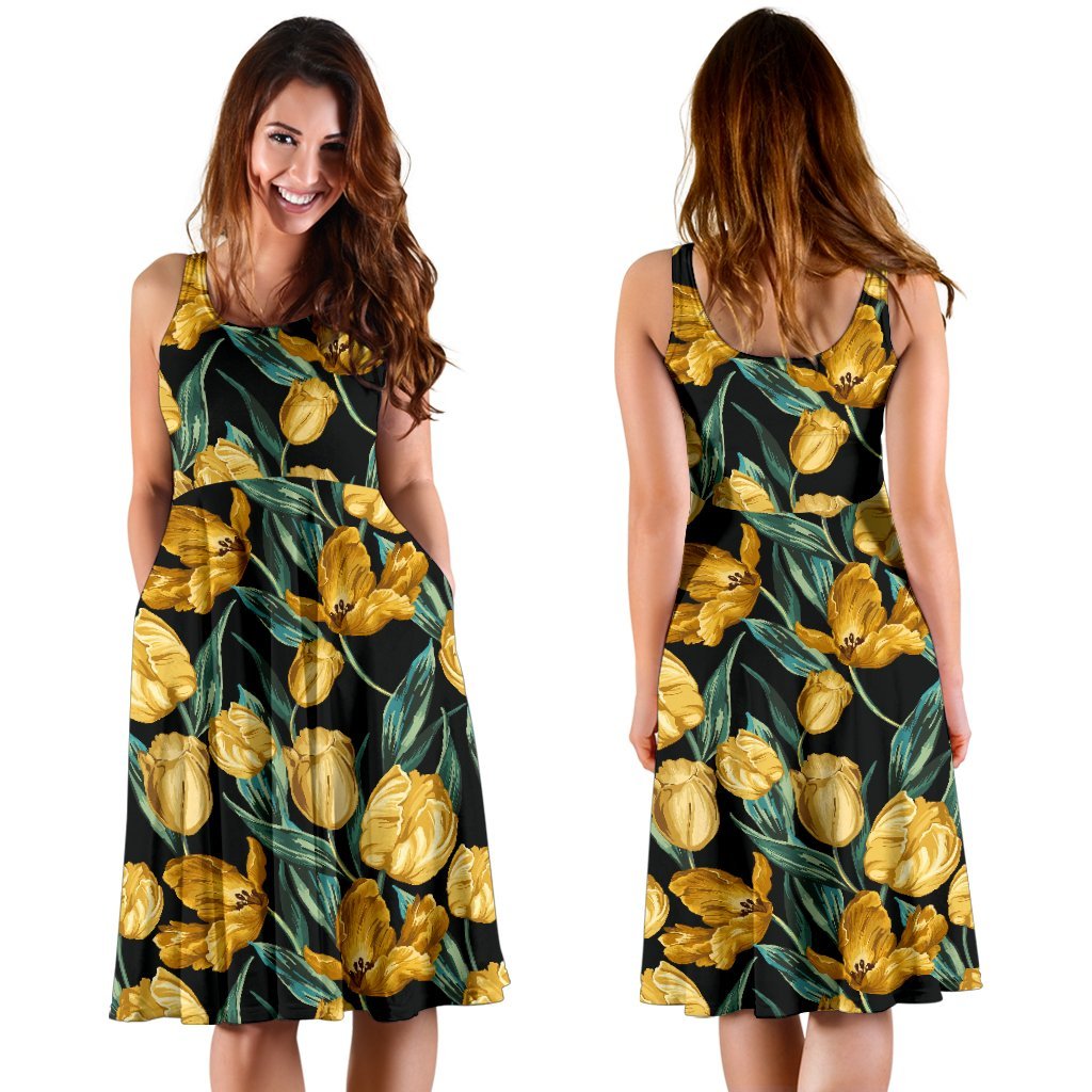 Elegant Yellow Tulip Print Sleeveless Dress