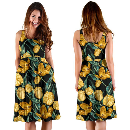 Elegant Yellow Tulip Print Sleeveless Dress