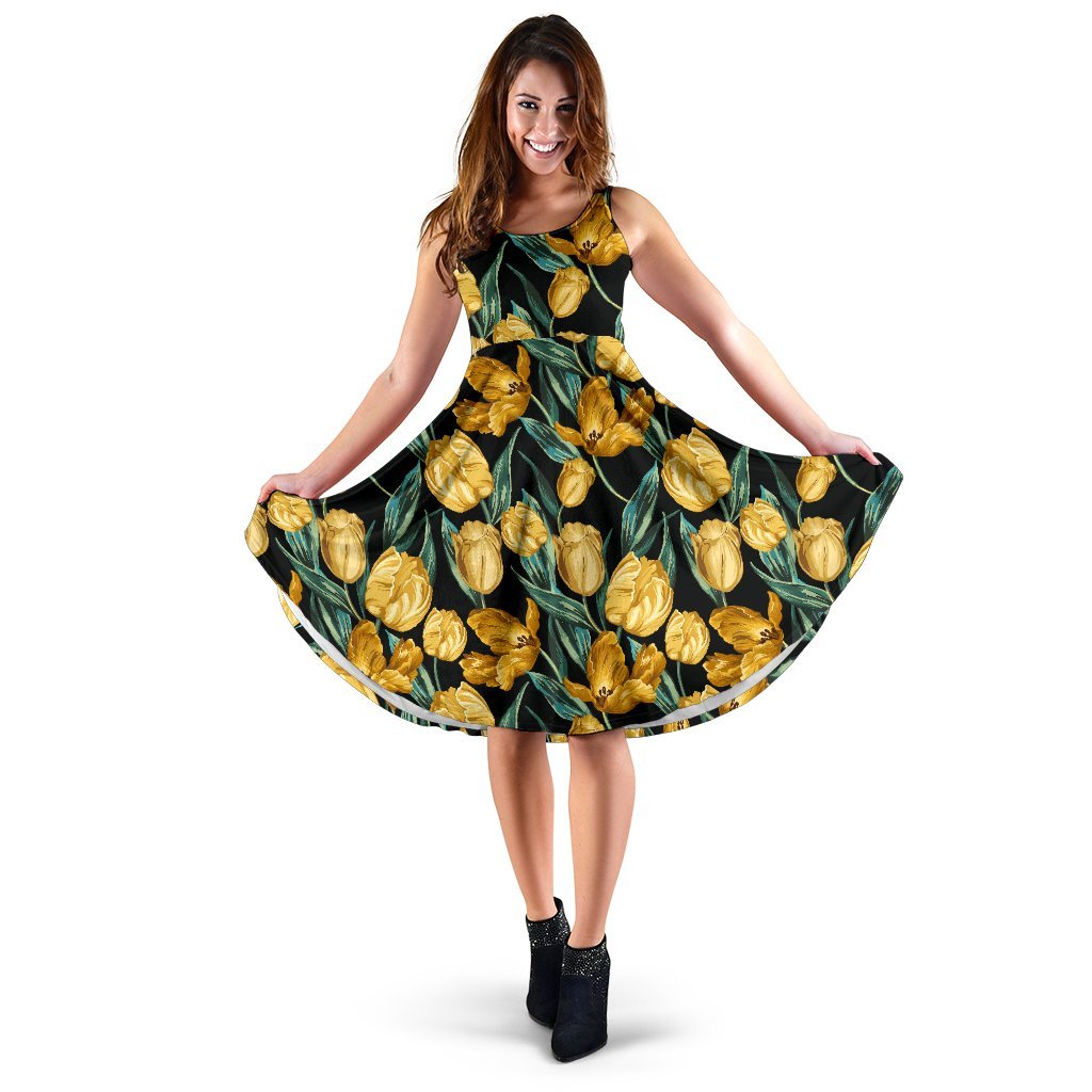 Elegant Yellow Tulip Print Sleeveless Dress