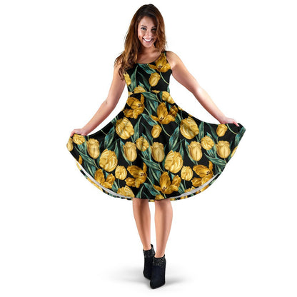 Elegant Yellow Tulip Print Sleeveless Dress