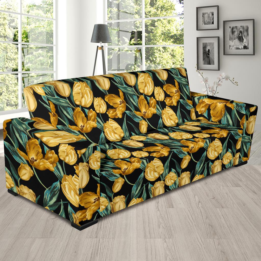 Elegant Yellow Tulip Print Sofa Slipcover-JTAMIGO.COM