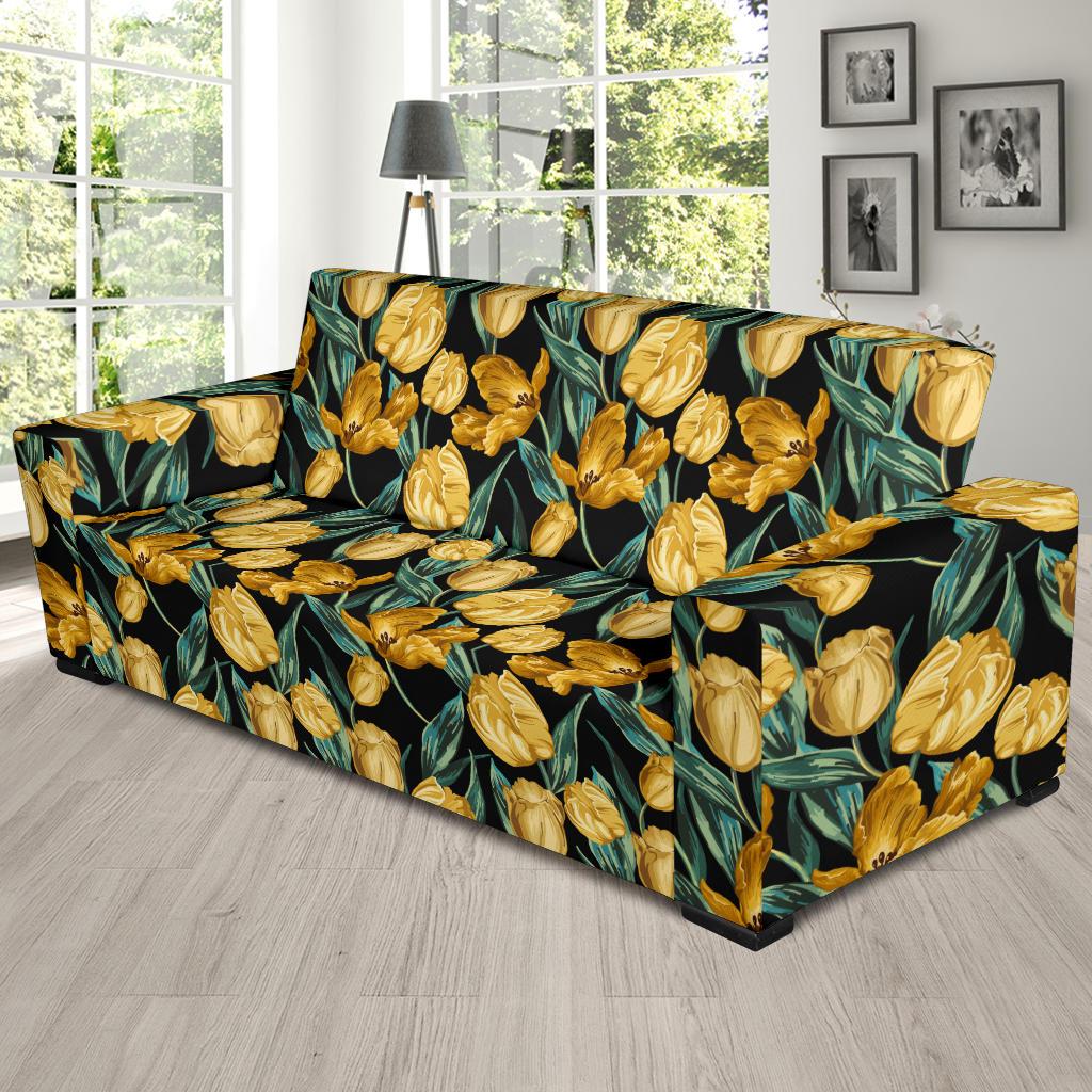 Elegant Yellow Tulip Print Sofa Slipcover-JTAMIGO.COM