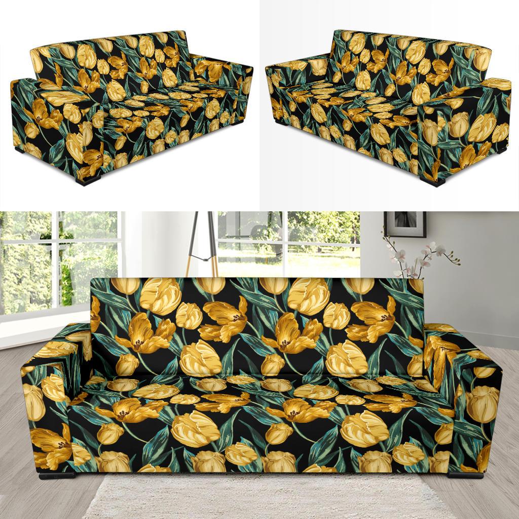 Elegant Yellow Tulip Print Sofa Slipcover-JTAMIGO.COM