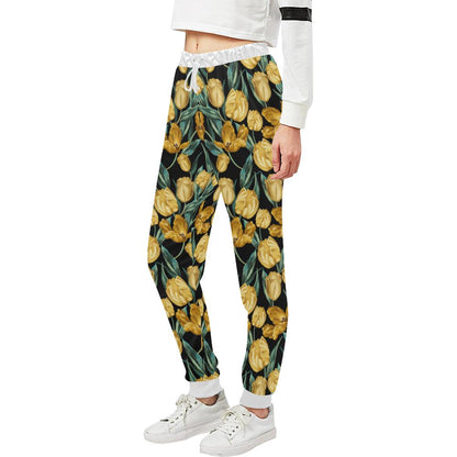 Elegant Yellow Tulip Print Unisex Casual Sweatpants (Model L11)-JTAMIGO.COM