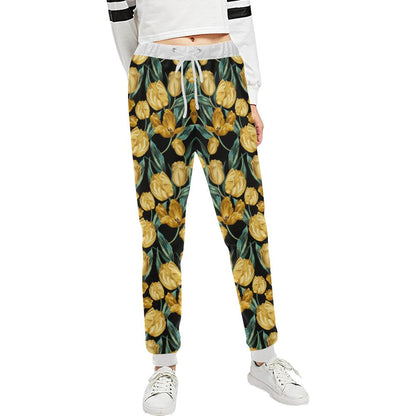 Elegant Yellow Tulip Print Unisex Casual Sweatpants (Model L11)-JTAMIGO.COM