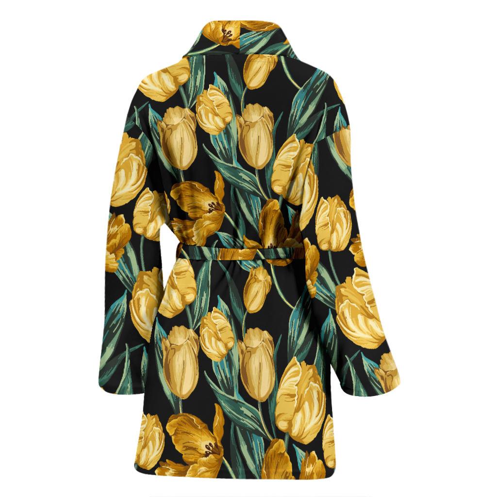 Elegant Yellow Tulip Print Women Bath Robe-JTAMIGO.COM