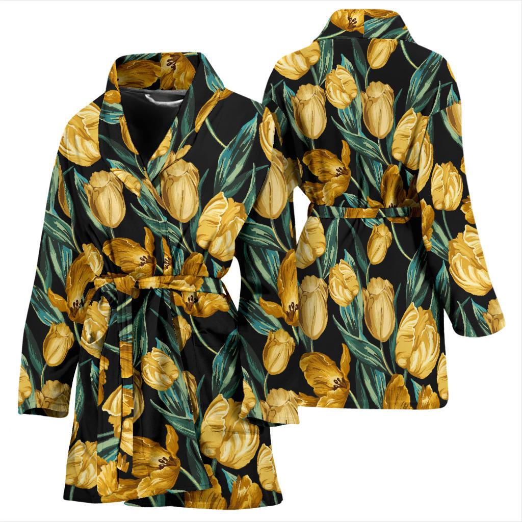 Elegant Yellow Tulip Print Women Bath Robe-JTAMIGO.COM