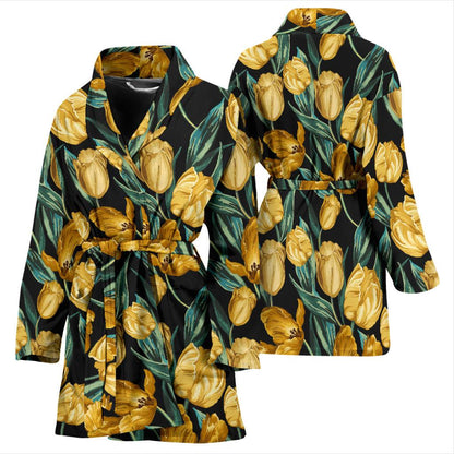 Elegant Yellow Tulip Print Women Bath Robe-JTAMIGO.COM