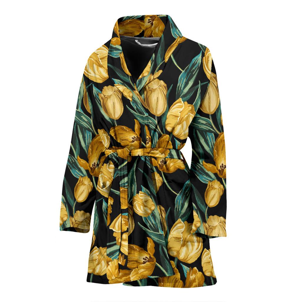 Elegant Yellow Tulip Print Women Bath Robe-JTAMIGO.COM