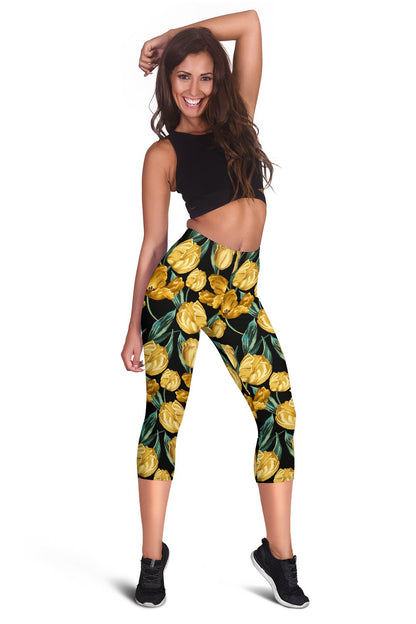 Elegant Yellow Tulip Print Women Capris