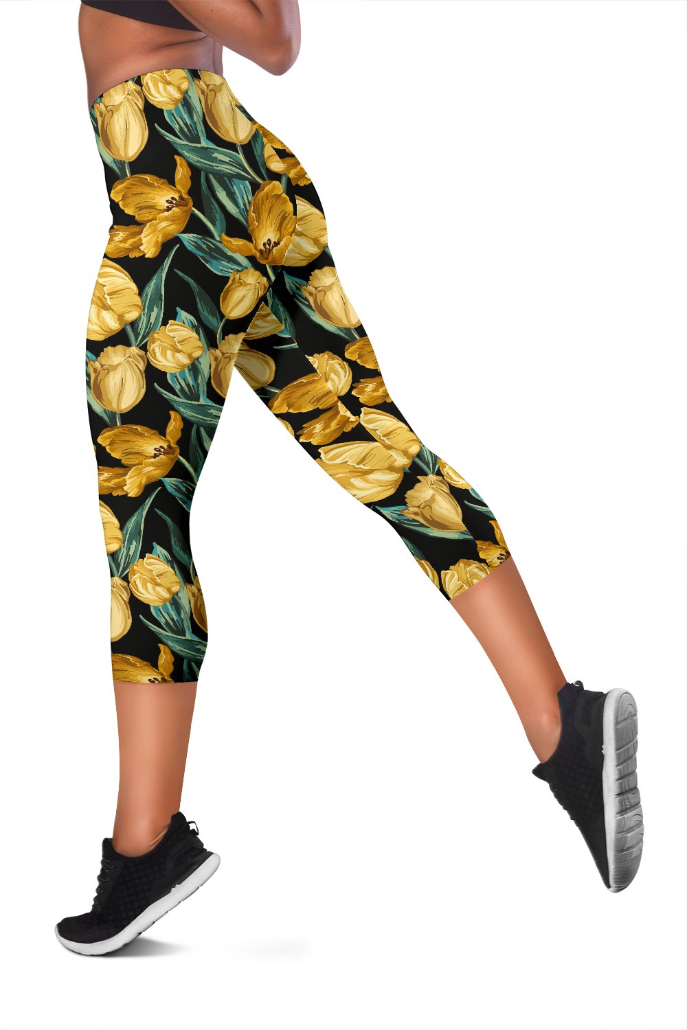 Elegant Yellow Tulip Print Women Capris