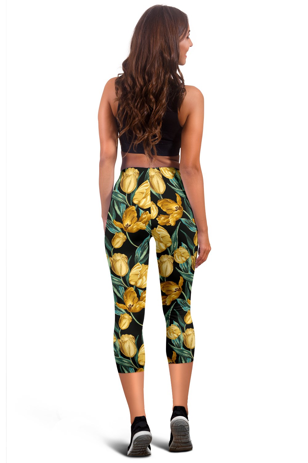 Elegant Yellow Tulip Print Women Capris
