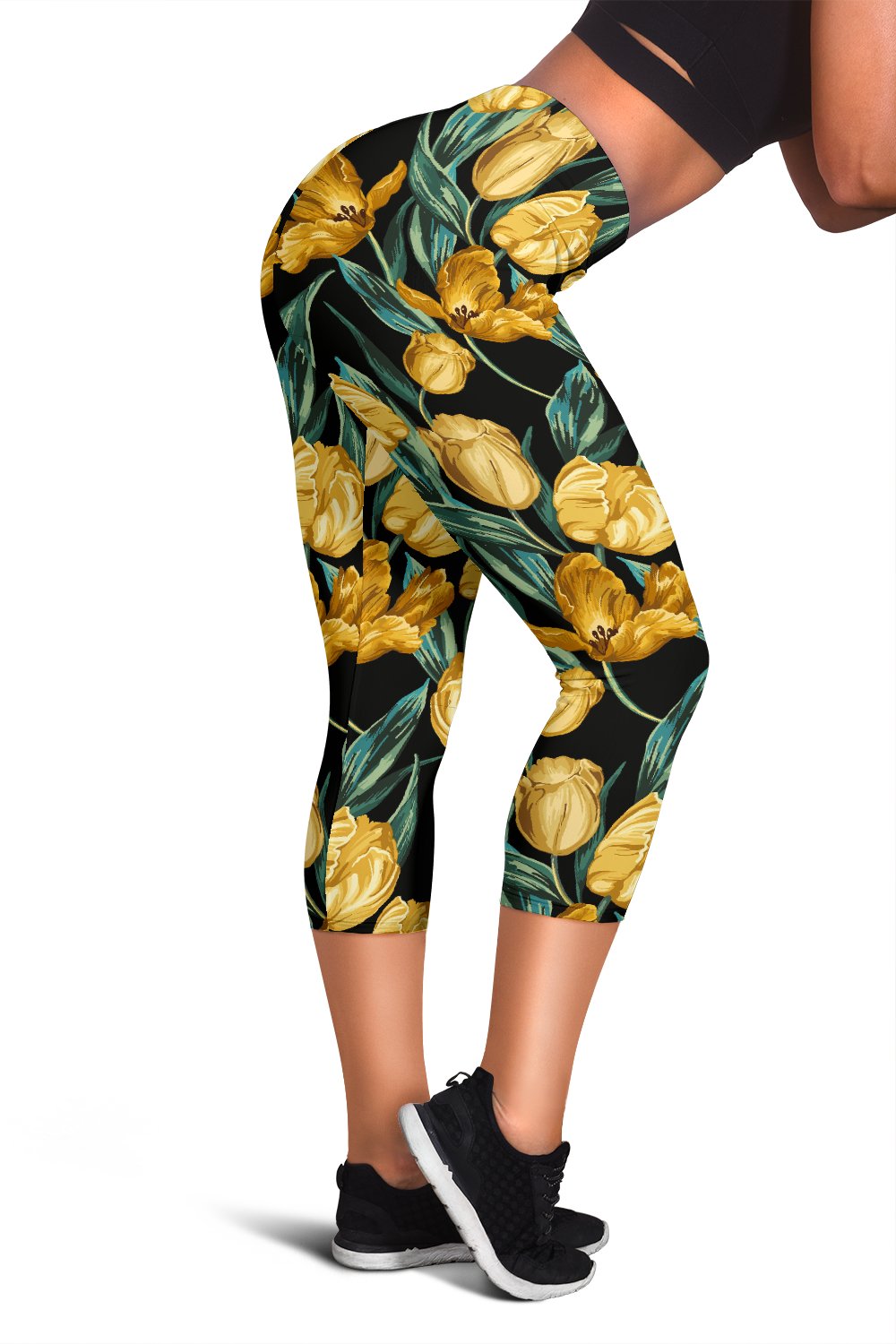 Elegant Yellow Tulip Print Women Capris