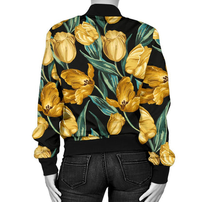 Elegant Yellow Tulip Print Women Casual Bomber Jacket