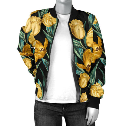 Elegant Yellow Tulip Print Women Casual Bomber Jacket