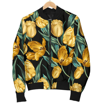 Elegant Yellow Tulip Print Women Casual Bomber Jacket