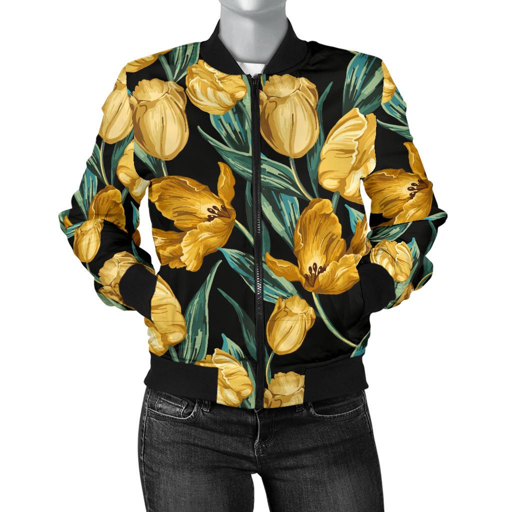 Elegant Yellow Tulip Print Women Casual Bomber Jacket