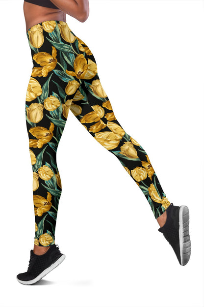 Elegant Yellow Tulip Print Women Leggings
